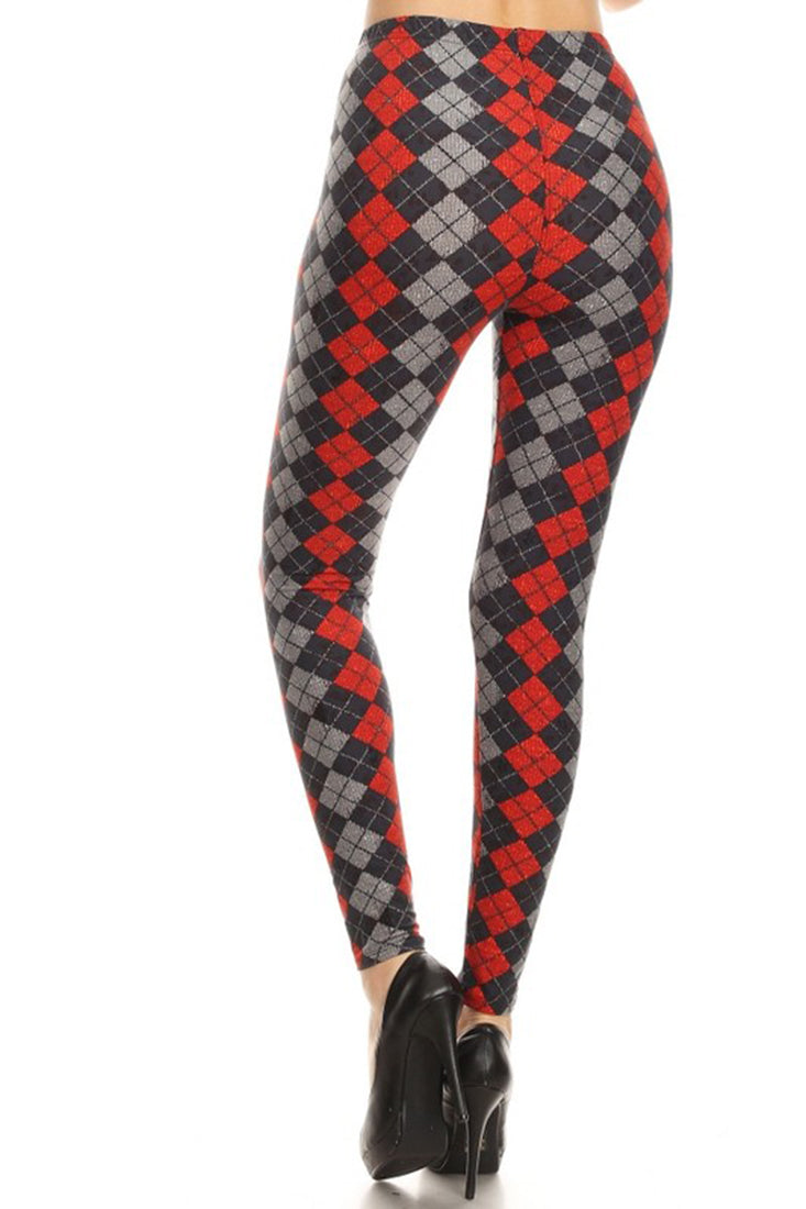 Black Red Grey Argyle Design Leggings leggings- Niobe Clothing