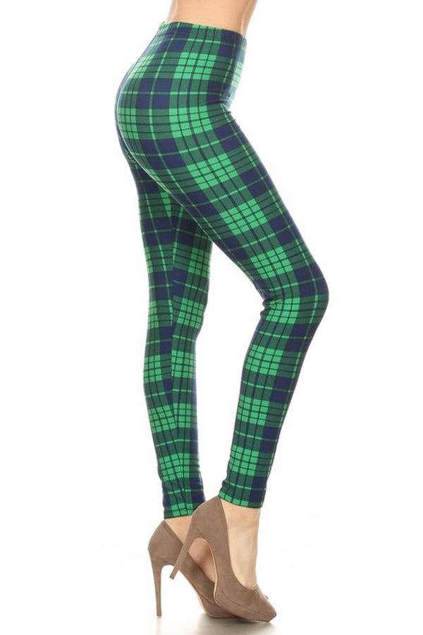 Dk Blue Green Plaid Design Leggings leggings- Niobe Clothing