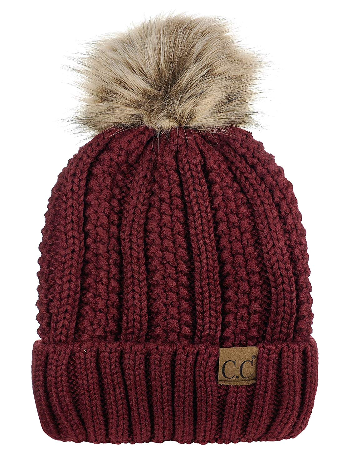 Faux-Fur Pom Fleece-Lined Knit Beanie