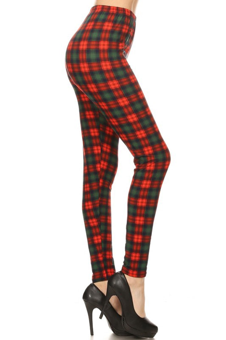 Red Green Plaid Design Leggings leggings- Niobe Clothing