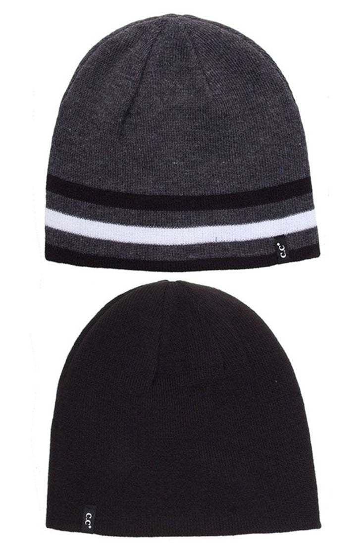 Striped-Trim Reversible Knit Beanie