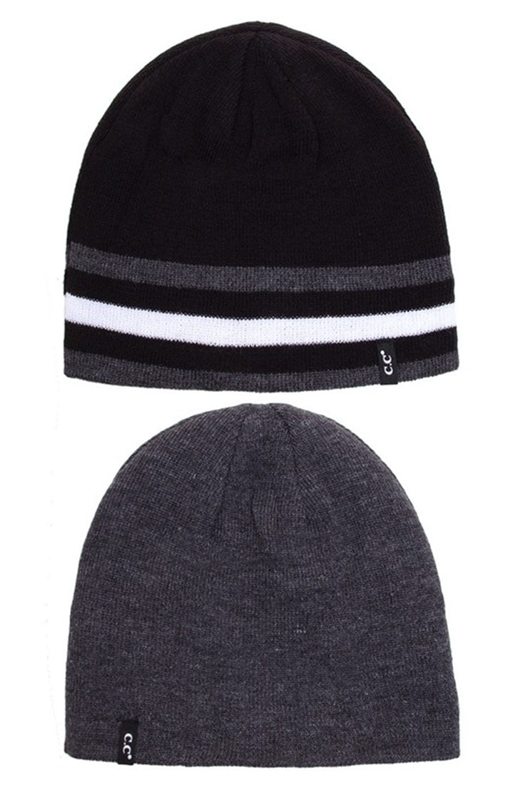 Striped-Trim Reversible Knit Beanie