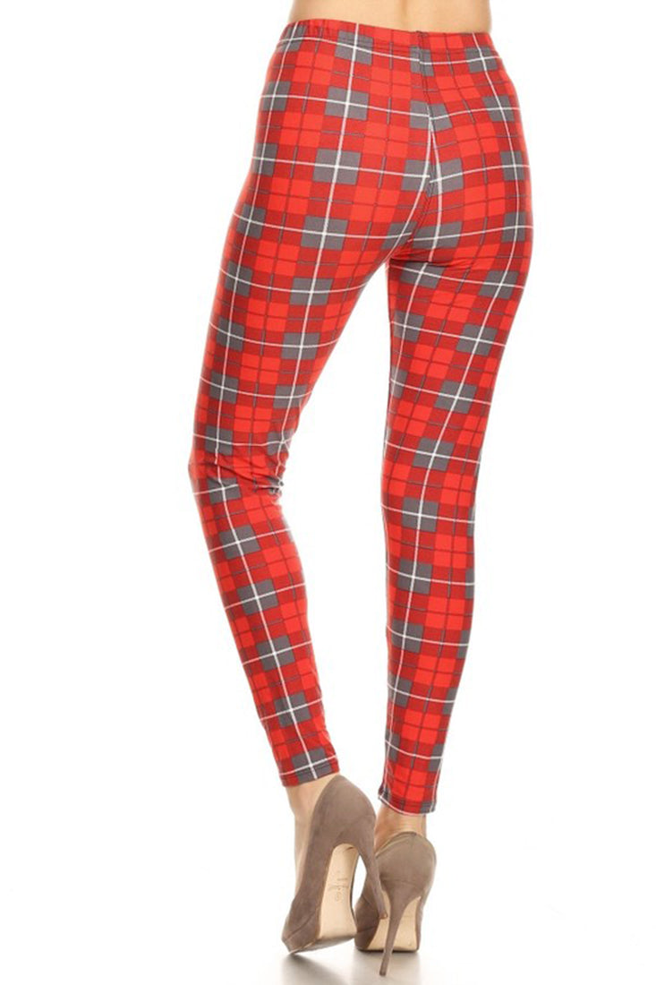 Red Grey Checkered Plaid Design Leggings leggings- Niobe Clothing