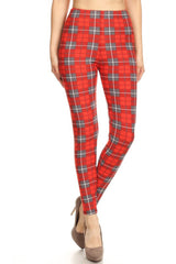 Red Grey Checkered Plaid Design Leggings leggings- Niobe Clothing