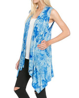 Niobe Clothing Patterned Sleeveless Asymmetric Hem Open Front Cardigan (Sky Blue Tie Dye) - Cardigans