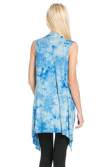 Niobe Clothing Patterned Sleeveless Asymmetric Hem Open Front Cardigan (Sky Blue Tie Dye) - Cardigans