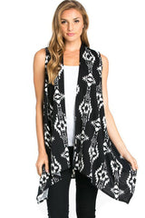 Niobe Clothing Patterned Sleeveless Asymmetric Hem Open Front Cardigan (Black Tribal Aztec) - Cardigans