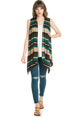 Niobe Clothing Patterned Sleeveless Asymmetric Hem Open Front Cardigan (Vintage Stripe) - Cardigans
