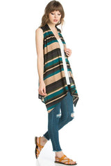 Niobe Clothing Patterned Sleeveless Asymmetric Hem Open Front Cardigan (Vintage Stripe) - Cardigans