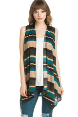 Niobe Clothing Patterned Sleeveless Asymmetric Hem Open Front Cardigan (Vintage Stripe) - Cardigans