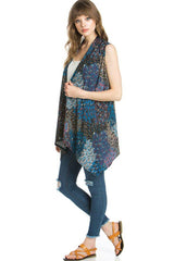 Niobe Clothing Patterned Sleeveless Asymmetric Hem Open Front Cardigan (Peacock Prism) - Cardigans