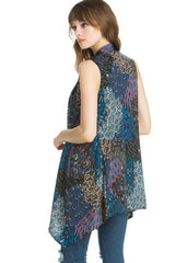 Niobe Clothing Patterned Sleeveless Asymmetric Hem Open Front Cardigan (Peacock Prism) - Cardigans