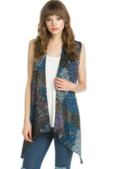 Niobe Clothing Patterned Sleeveless Asymmetric Hem Open Front Cardigan (Peacock Prism) - Cardigans