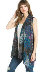 Niobe Clothing Patterned Sleeveless Asymmetric Hem Open Front Cardigan (Peacock Prism) - Cardigans