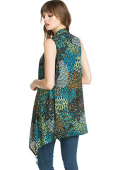 Niobe Clothing Patterned Sleeveless Asymmetric Hem Open Front Cardigan (Peahen Prism) - Cardigans