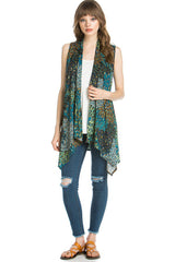 Niobe Clothing Patterned Sleeveless Asymmetric Hem Open Front Cardigan (Peahen Prism) - Cardigans