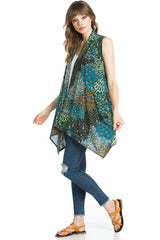 Niobe Clothing Patterned Sleeveless Asymmetric Hem Open Front Cardigan (Peahen Prism) - Cardigans