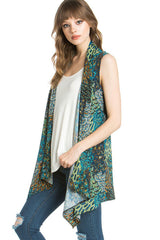 Niobe Clothing Patterned Sleeveless Asymmetric Hem Open Front Cardigan (Peahen Prism) - Cardigans
