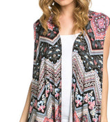 Niobe Clothing Patterned Sleeveless Asymmetric Hem Open Front Cardigan (Floral Zig Zag) - Cardigans