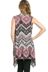 Niobe Clothing Patterned Sleeveless Asymmetric Hem Open Front Cardigan (Floral Zig Zag) - Cardigans