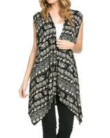 Niobe Clothing Patterned Sleeveless Asymmetric Hem Open Front Cardigan (Black/White Bohemian) - Cardigans
