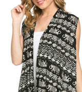 Niobe Clothing Patterned Sleeveless Asymmetric Hem Open Front Cardigan (Black/White Bohemian) - Cardigans