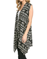 Niobe Clothing Patterned Sleeveless Asymmetric Hem Open Front Cardigan (Black/White Bohemian) - Cardigans