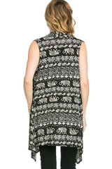 Niobe Clothing Patterned Sleeveless Asymmetric Hem Open Front Cardigan (Black/White Bohemian) - Cardigans
