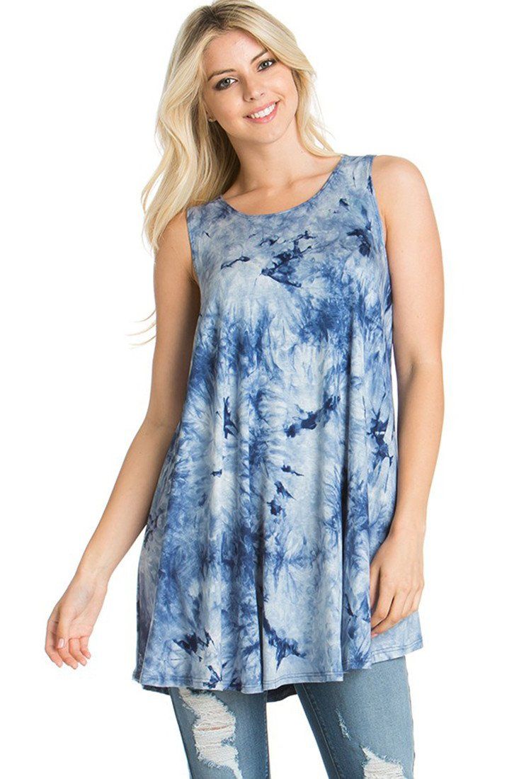 Azules Sleeveless A-line Tank Tunic (Ocean Tie Dye) - f_tops