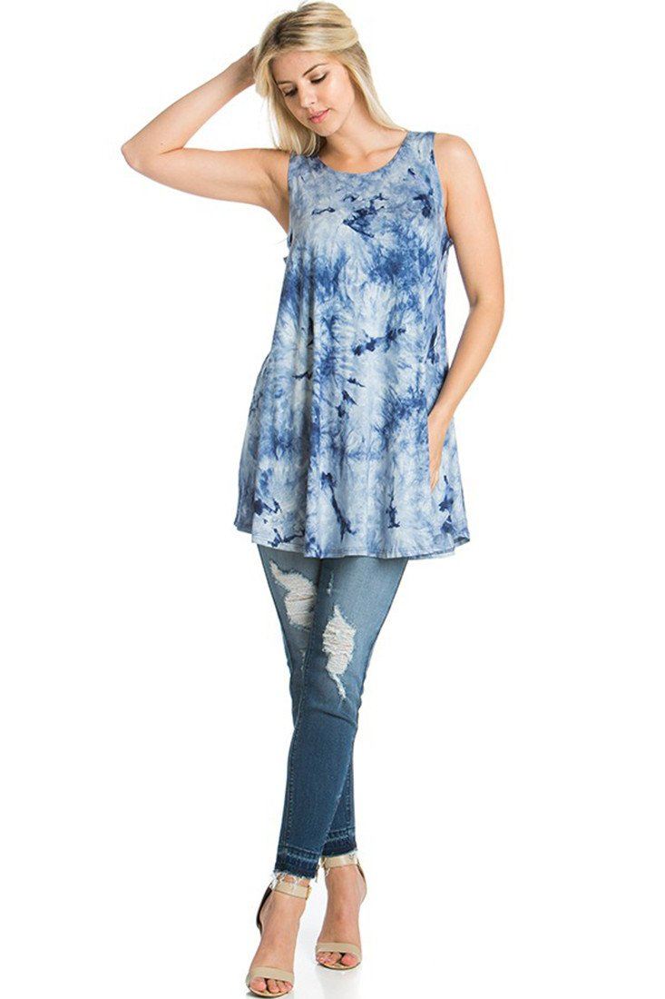 Azules Sleeveless A-line Tank Tunic (Ocean Tie Dye) - f_tops