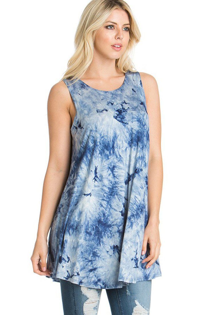 Azules Sleeveless A-line Tank Tunic (Ocean Tie Dye) - f_tops
