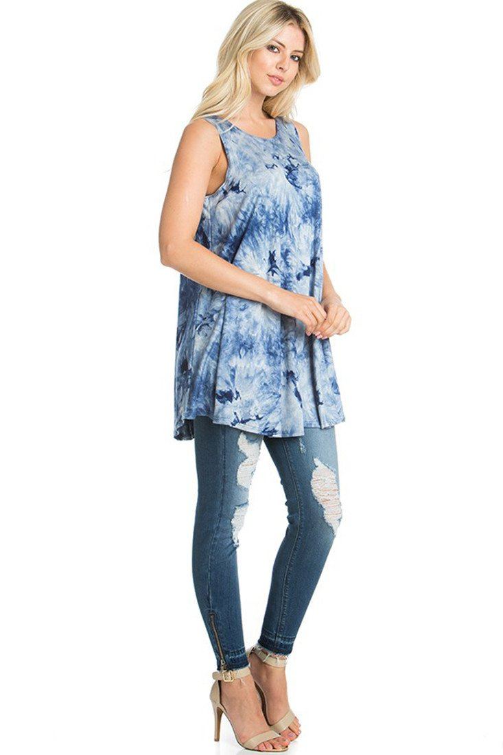 Azules Sleeveless A-line Tank Tunic (Ocean Tie Dye) - f_tops