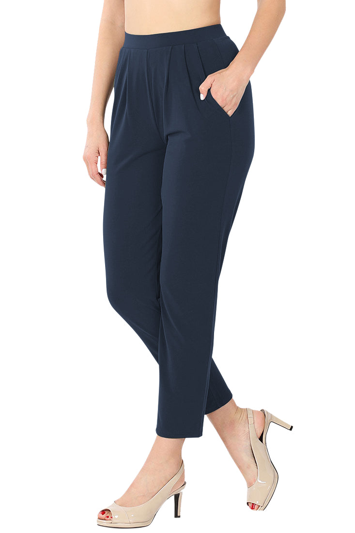 Zenana Pleated High Rise Elastic Waist Ankle Pants w/ Pockets - Trousers sb_bottoms