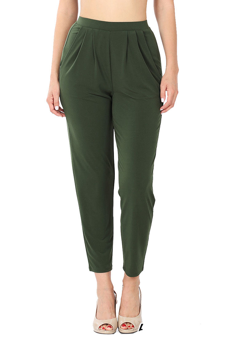 Zenana Pleated High Rise Elastic Waist Ankle Pants w/ Pockets - Trousers sb_bottoms