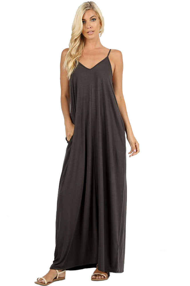 Zenana V-Neck Cami Spaghetti Strap Maxi Dress - Dresses sb_dresses