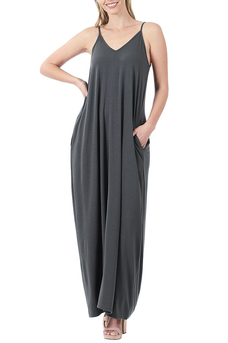 Zenana V-Neck Cami Spaghetti Strap Maxi Dress - Dresses sb_dresses