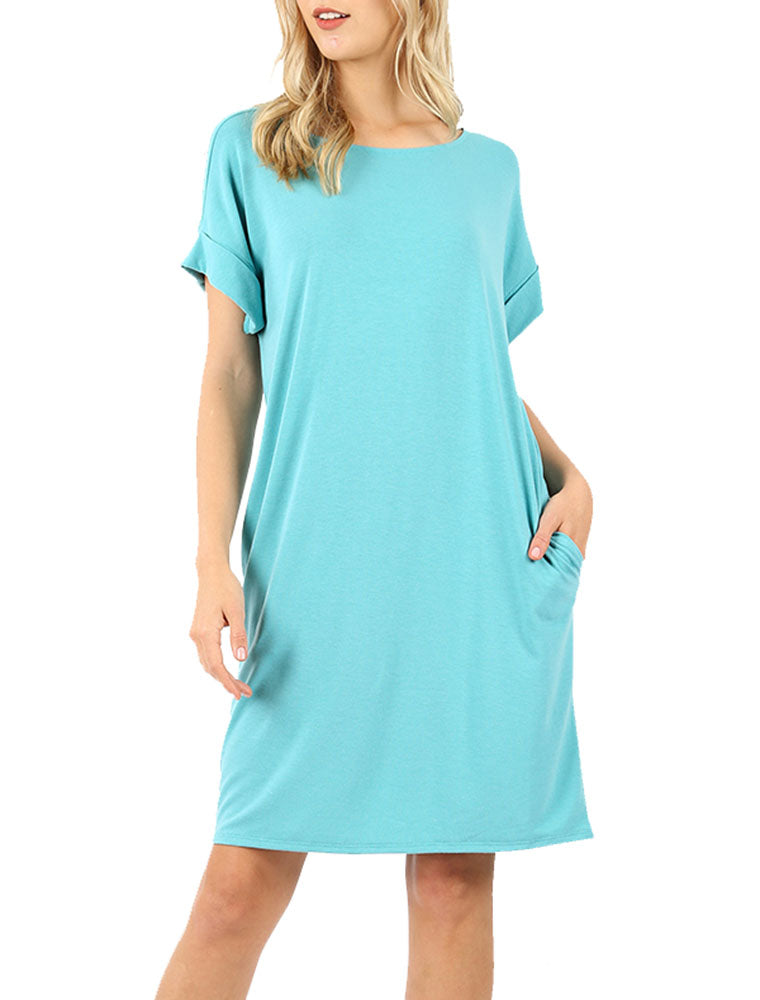 Zenana Rolled Short Sleeve Loose Tunic Shirt Dress - Tunics sb_dresses