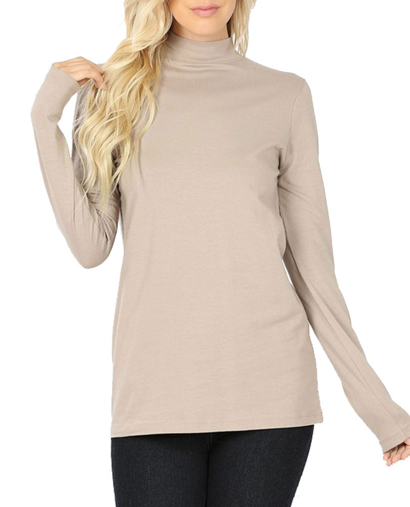 Zenana Cotton Long Sleeve Mock Neck - Shirts sb_tops