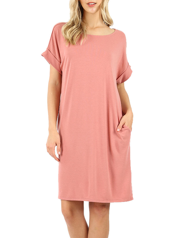 Rolled Short Sleeve Loose Tunic Shirt Dress