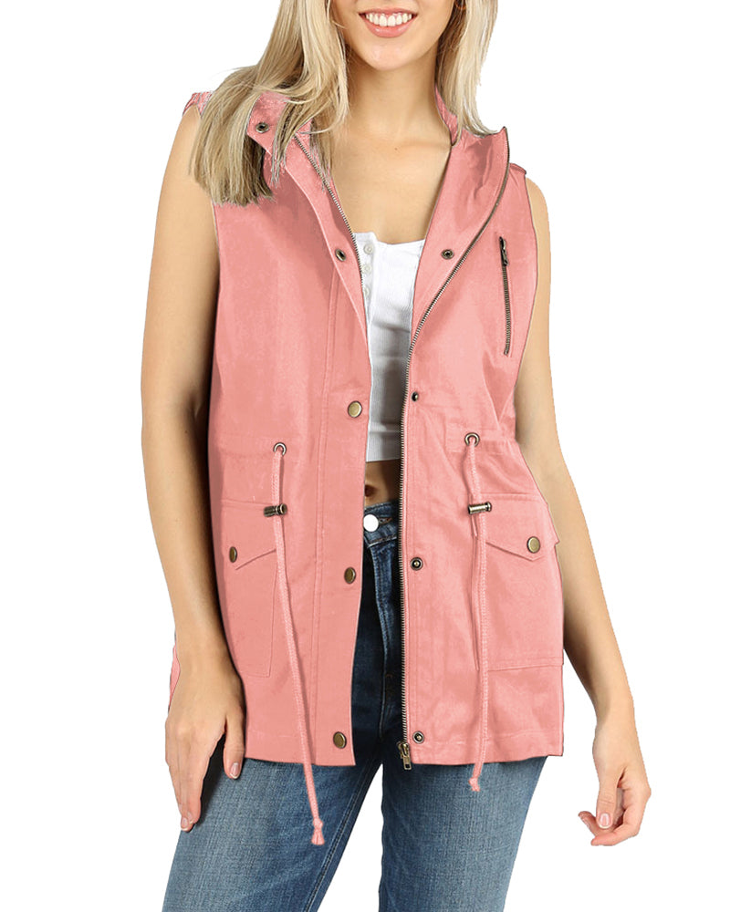 Zenana Sleeveless Utility Hoodie Military Vest - Vests sb_outerwear