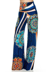 Niobe Clothing High Waist Fold Over Wide Leg Gaucho Palazzo Pants (Blue Multi-1) - pants