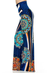 Niobe Clothing High Waist Fold Over Wide Leg Gaucho Palazzo Pants (Blue Multi-1) - pants