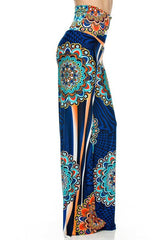 Niobe Clothing High Waist Fold Over Wide Leg Gaucho Palazzo Pants (Blue Multi-1) - pants