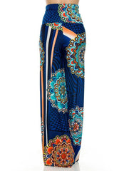 Niobe Clothing High Waist Fold Over Wide Leg Gaucho Palazzo Pants (Blue Multi-1) - pants