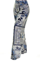 Niobe Clothing High Waist Fold Over Wide Leg Gaucho Palazzo Pants (Classic Blue Paisley) - pants
