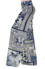 Niobe Clothing High Waist Fold Over Wide Leg Gaucho Palazzo Pants (Classic Blue Paisley) - pants