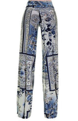 Niobe Clothing High Waist Fold Over Wide Leg Gaucho Palazzo Pants (Classic Blue Paisley) - pants