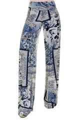 Niobe Clothing High Waist Fold Over Wide Leg Gaucho Palazzo Pants (Classic Blue Paisley) - pants