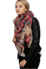 Niobe Clothing Khaki Plaid Oversized Blanket Scarf - Scarves