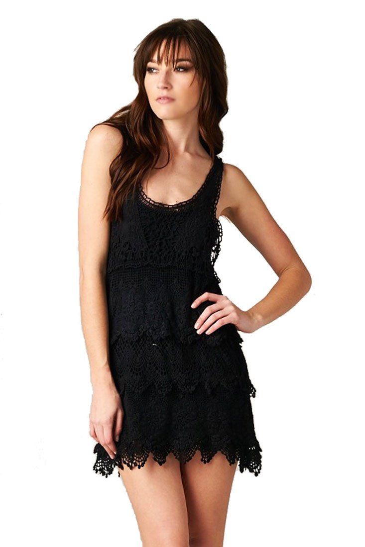 Niobe Clothing Textured Layered Sleeveless Scallop Crochet Lace Dress (Black) - f_dresses